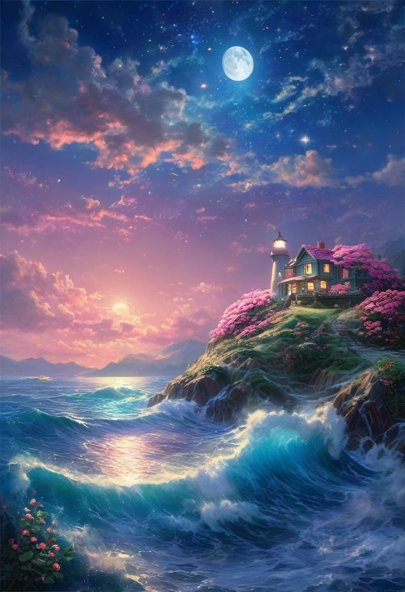 Zeen Chin Hyperrealistic style A beautiful painting of starry sky,layer upon layer of huge waves,deep blue water,pink roses of different sizes,romantic,dreamlike,moonlight,Thomas Kinkade,ultradetailed,illustration,4k,trends on Artstation,above+super wide angle,Greg Rutkowski,trends on Artstation