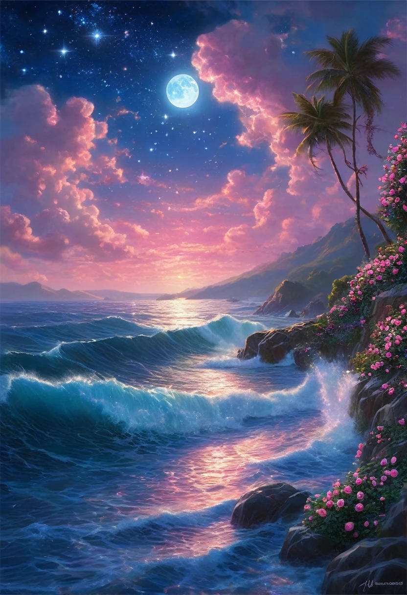 Zeen Chin Hyperrealistic style A beautiful painting of starry sky,layer upon layer of huge waves,deep blue water,pink roses of different sizes,romantic,dreamlike,moonlight,Thomas Kinkade,ultradetailed,illustration,4k,trends on Artstation,above+super wide angle,Greg Rutkowski,trends on Artstation