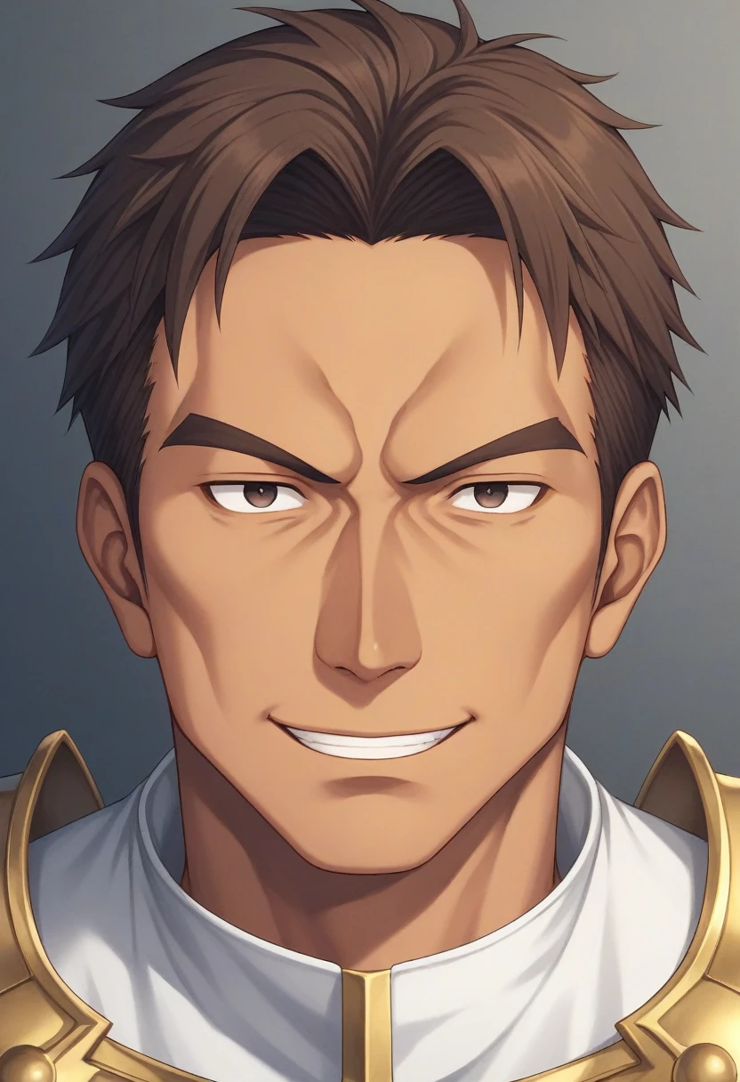 1father, veteran knight, muscular mature, parted bangs, 40yo, brown hair, evergreen eyes, thick brown eyebrow, sanpaku, tanned skin, small eyes, short hair male, facial wrinkles, ideal ratio body proportions, ordinaly, BREAK solo, red full plate armor, light smile, 1980s, visual novel, in old jrpg style, in hokuto no ken style, in capcom art style, extreme all detailed, masterpiece, best quality, BREAK score_9, score_8_up, score_7_up, score_6_up, score_5_up, score_4_up, source_anime