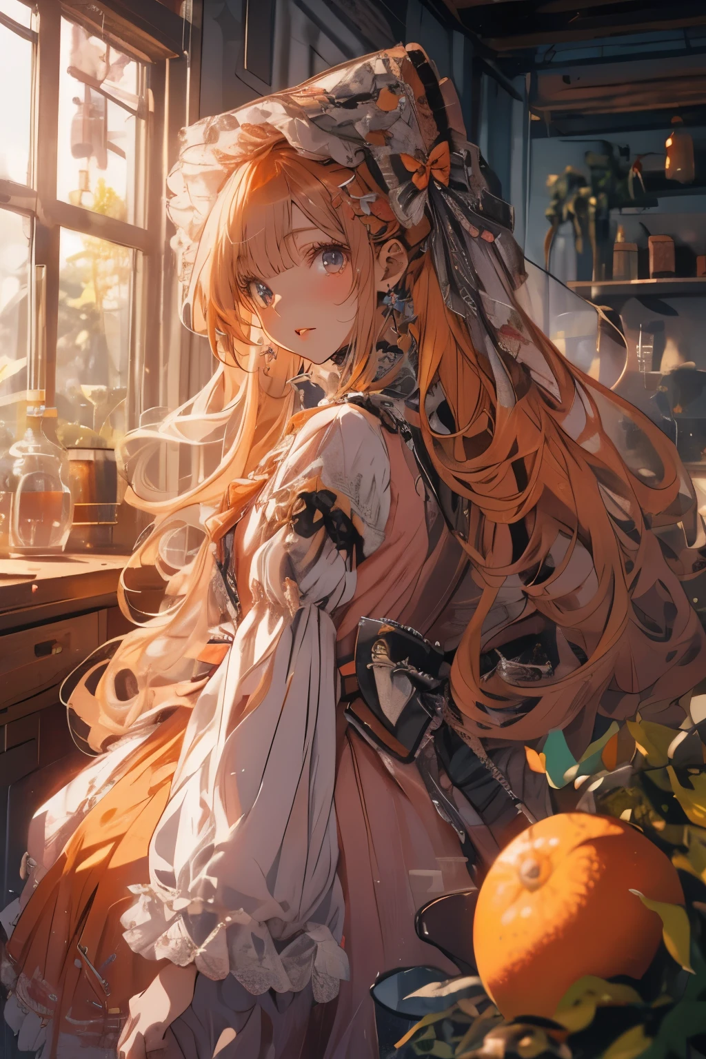 (Mastepiece)、(Best Quality)、Highly detailed face、Anime Girl、1 girl、Lolita Clothing、Fluffy long hair、Orange Hair