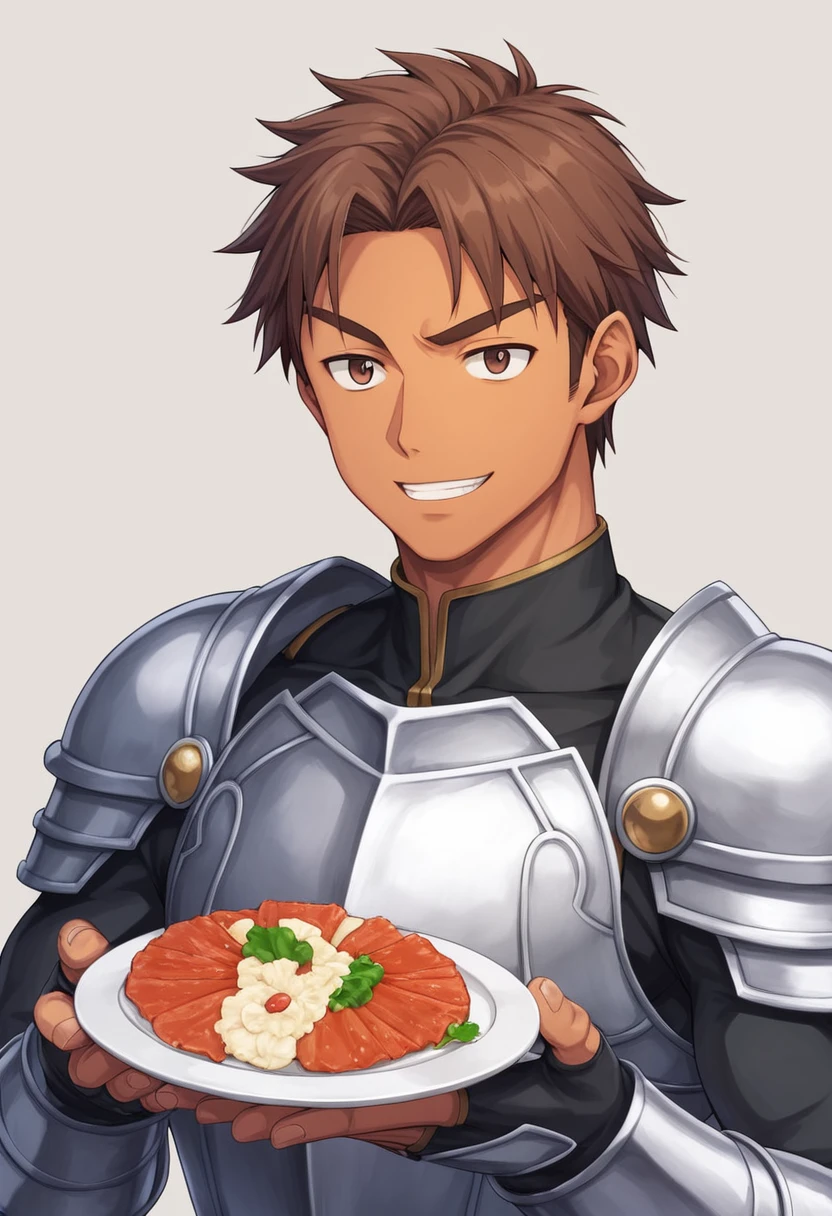1man, veteran knight, muscular mature, parted bangs, 40yo, brown hair, evergreen eyes, thick brown eyebrow, sanpaku, tanned skin, small eyes, short hair male, facial wrinkles, ideal ratio body proportions, ordinaly, BREAK solo, red full plate armor, light smile, 1980s, visual novel, in old jrpg style, in hokuto no ken style, in capcom art style, extreme all detailed, masterpiece, best quality, BREAK score_9, score_8_up, score_7_up, score_6_up, score_5_up, score_4_up, source_anime