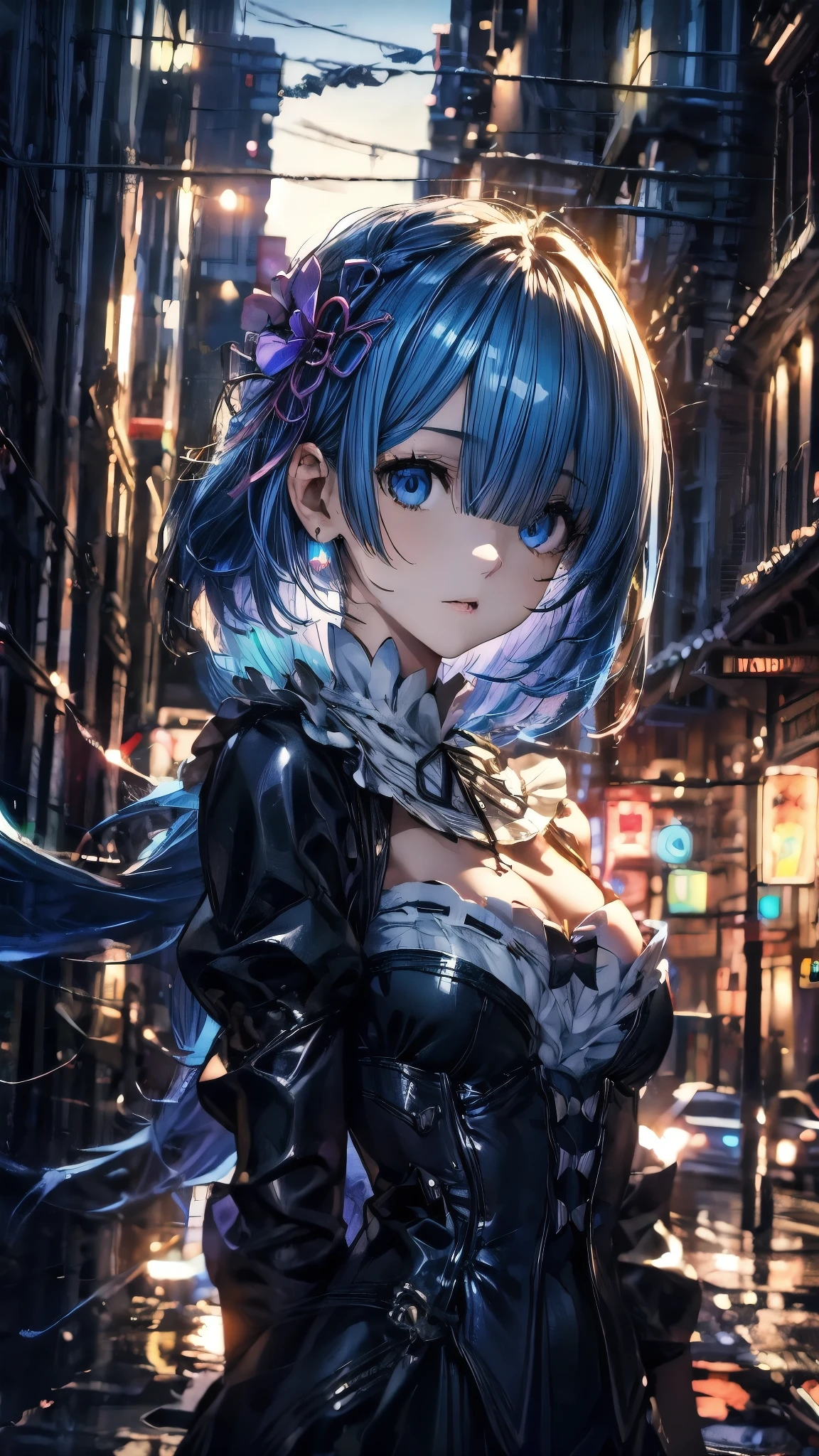(Highest quality),(masterpiece), 8k,Very detailed, Detailed light, Best Shadow,Detailed reflective eyes, Beautiful Eyes, Very detailedな顔,Shiny Hair,One person,Gloss,semi-long,Blue Hair,Blue Eyes,enchanting,Expressionless,Quiet anger,full moon,hair ornaments,whole body,front,Re:Zero,rem,Rem,fan,darkness,face is dirty for painting,Dynamic Angle,