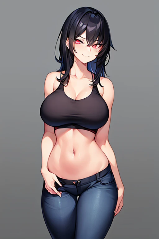 1girl, black hair, medium hair, glowing eyes, toned, toned female, large breasts, thick thighs, hourglass figure, smile, hand on pocket, black sports bra, jeans, pants, blue jeans, mature female, smirk, smug, arms behind back, hands on pocket