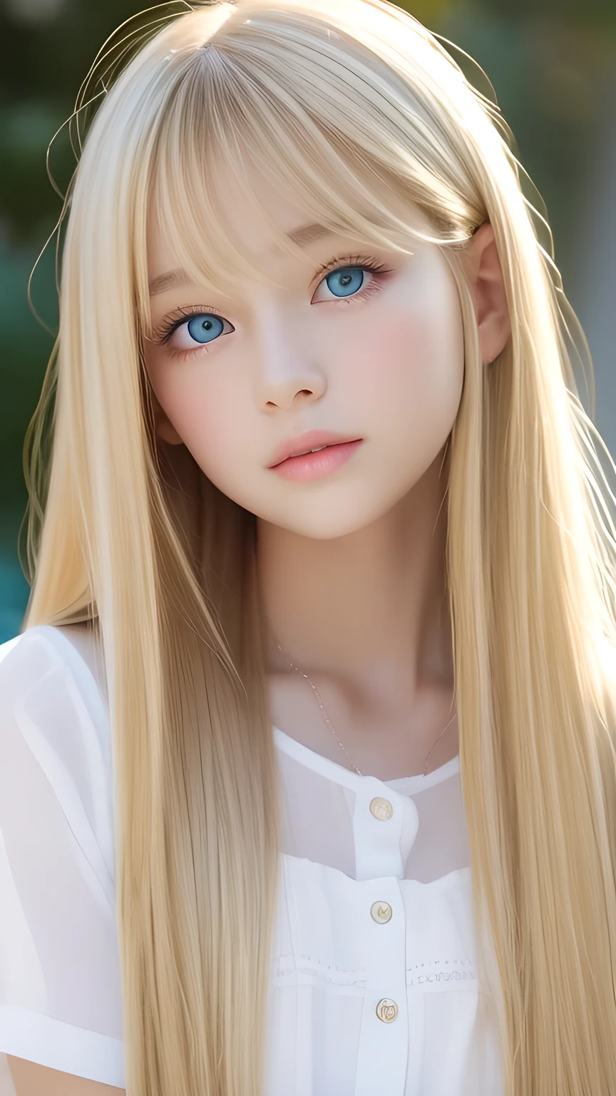 clear shiny skin、13 years old cute sexy little beautiful face、very large and beautiful bright pale sky blue eyes、Very big eyes、Straight long hair that shines in the light、Long, silky bangs that cover her cute eyes、Sexy face hiding hair、Too long hair、sexy cute young beautiful girl、Super long natural young blonde hair with sparkling light highlights Blonde hair above the eyes Blonde hair above one eye、Blonde hair between the eyes、Cheek gloss highlighter