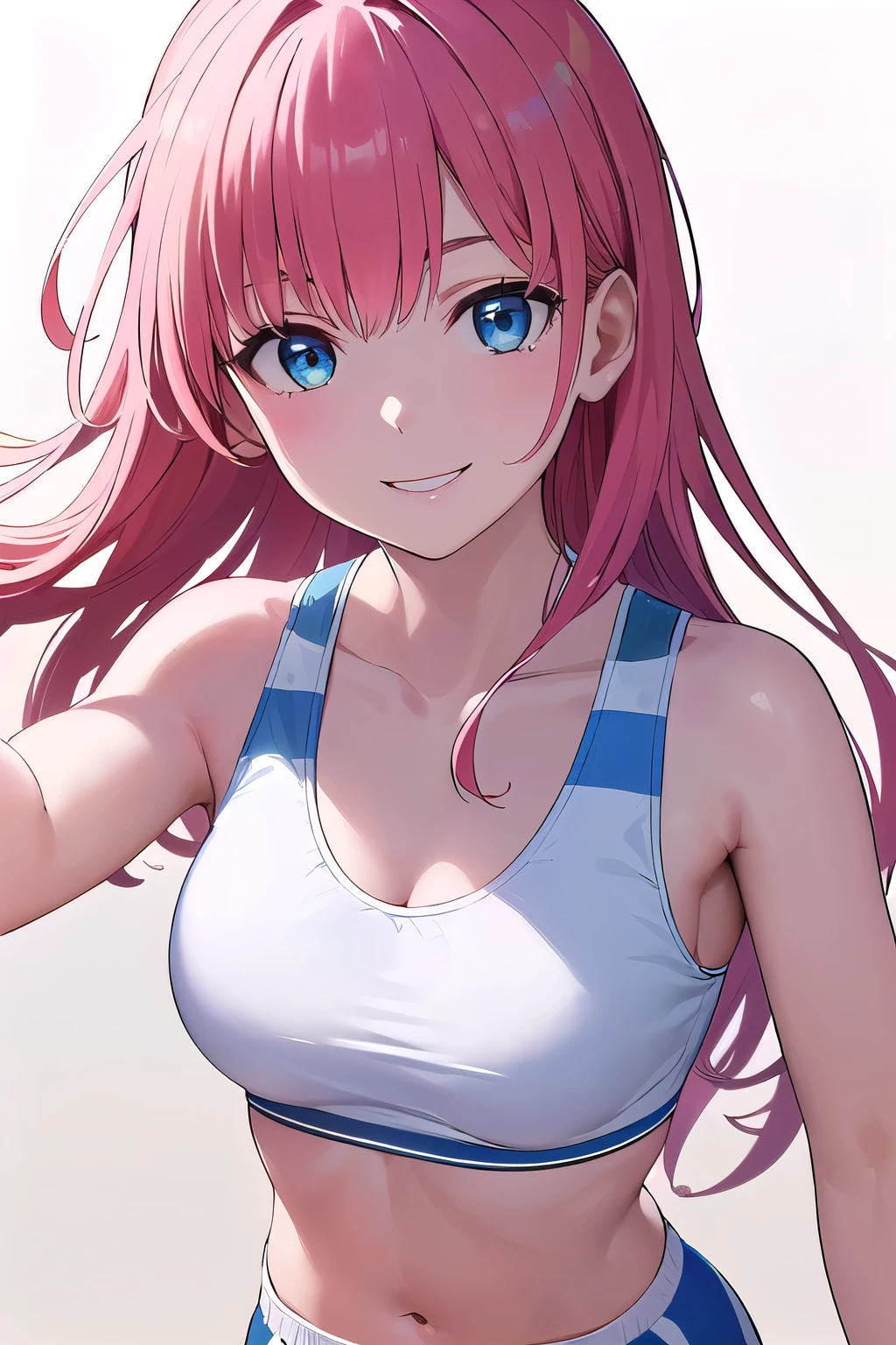 (8K, top-quality, masterpiece:1.2), (reallistic, Photorealsitic:1.37), Super Detail, One girl,), (Highly detailed), (beautifully detailed eyes), (of the highest quality), (super detailed ), (masterpiece), (Detailed face),20yr old, ,1 girl, ((pink hair,long hair)), medium breasts, clothed, Perfect Lighting, BREAK (royal blue, white stripes:1.3), (blue bloomers:1.5), (white trim:1.4), (sports bra, fuchsia:1.4), (white quarter socks:1.2), BRAKE (upper body to thighs:1.1), (smile:1.2), (looking at viewer:1.1), (running:1.2), (white background:1.1), (dramatic lighting:1.1), BRAKE