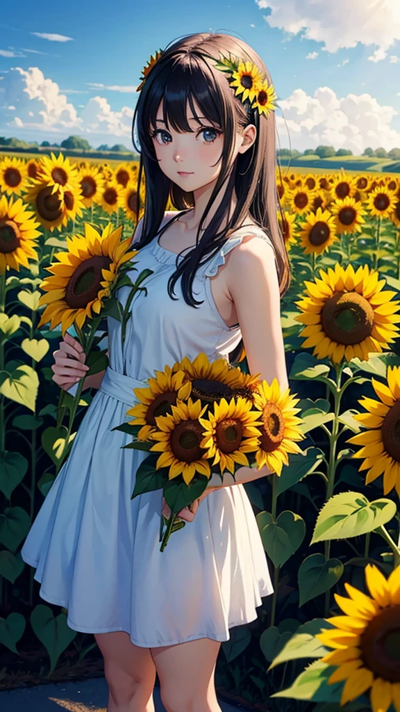 A anime girl holding a bunch of sunflower in a sunflower field 