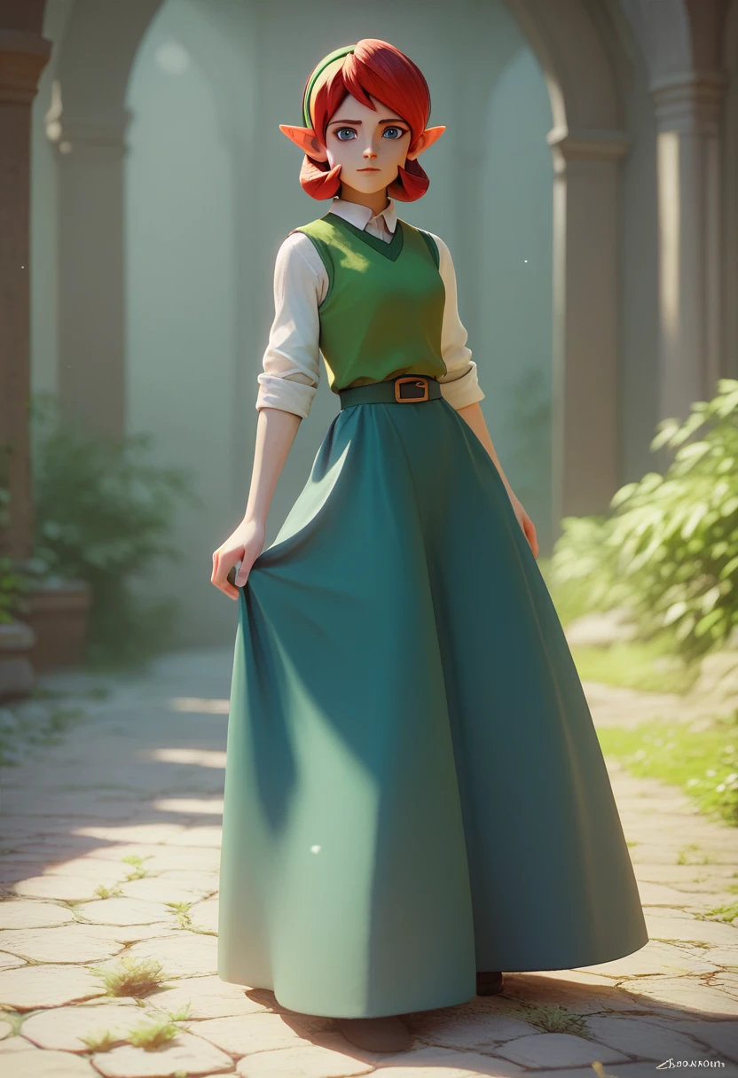 saria, red hair, brown vest, white sleeves, rolled up sleeves, blue skirt, long skirt, looking at viewer, 3d