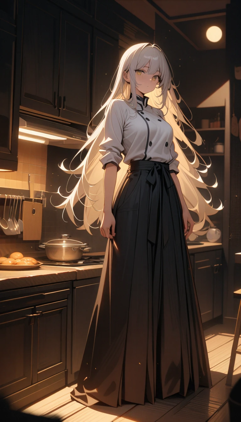 ((best quality)) , ((masterpiece)) , (detailed)，1 female，beautiful detailed pampas grass field, open hakama, surrounded by floating sakura, yellow full moon, beautiful detailed dark midnight sky, messy white long hair，kitchen，Female chef，High heel，((whole body))