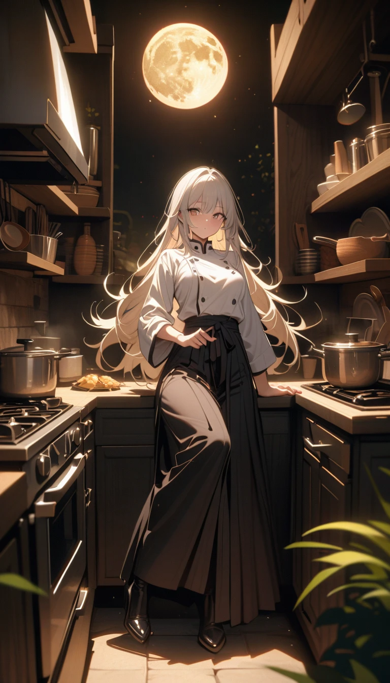 ((best quality)) , ((masterpiece)) , (detailed),1 female,beautiful detailed pampas grass field, open hakama, surrounded by floating sakura, yellow full moon, beautiful detailed dark midnight sky, messy white long hair,kitchen,Female chef,High heel,((whole body))
