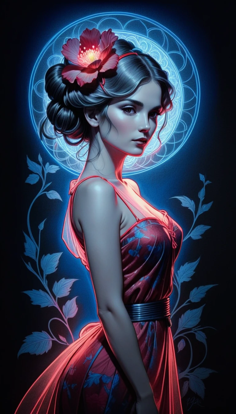 (Pencil_Sketch:1.2, messy lines, grayscale, traditional media, sketch),[[[mucha artist]]]，On a dark background with a red light spot. blue electrical charges form a silhouette of a beautiful woman, flower in her hair tied up, dress in transparent floral organza, stylized from an electric fabric and a pink frame, bioluminescence