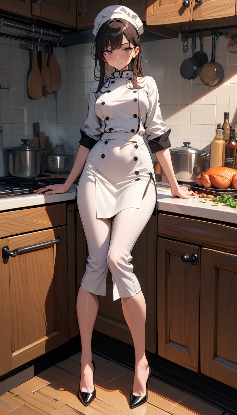 ((best quality)) , ((masterpiece)) , (detailed),1 female,,kitchen,Female chef,High heel,((whole body))
