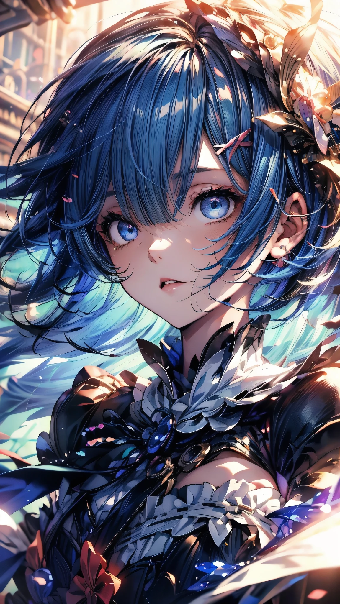 (Highest quality),(masterpiece), 8k,Very detailed, Detailed light, Best Shadow,Detailed reflective eyes, Beautiful Eyes, Very detailedな顔,Shiny Hair,One person,Gloss,Short Bob,Blue Hair,Blue Eyes,enchanting,Expressionless,Quiet anger,whole body,front,Re:Zero,rem,Rem,darkness,face is dirty for painting,Dynamic Angle,Shining blue eyes,Lock,