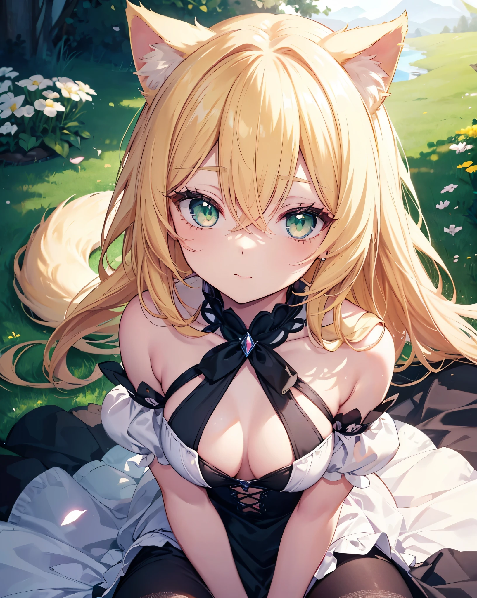 (Sketches),(eyelash:1.3),Highly zoomed portrait, slightly from the above, face focus ,watching me , High Resolution, Cute 1Girl, neko ears, cat tail, Beautiful and fine details, Long blonde hair, vibrant and vivid green eyes, Original black and white Costumes, bare shoulders, stockings, Princess Dress, crystals reflecting, imagenery, scenery. She's the princess. Cinematic sunflare. 