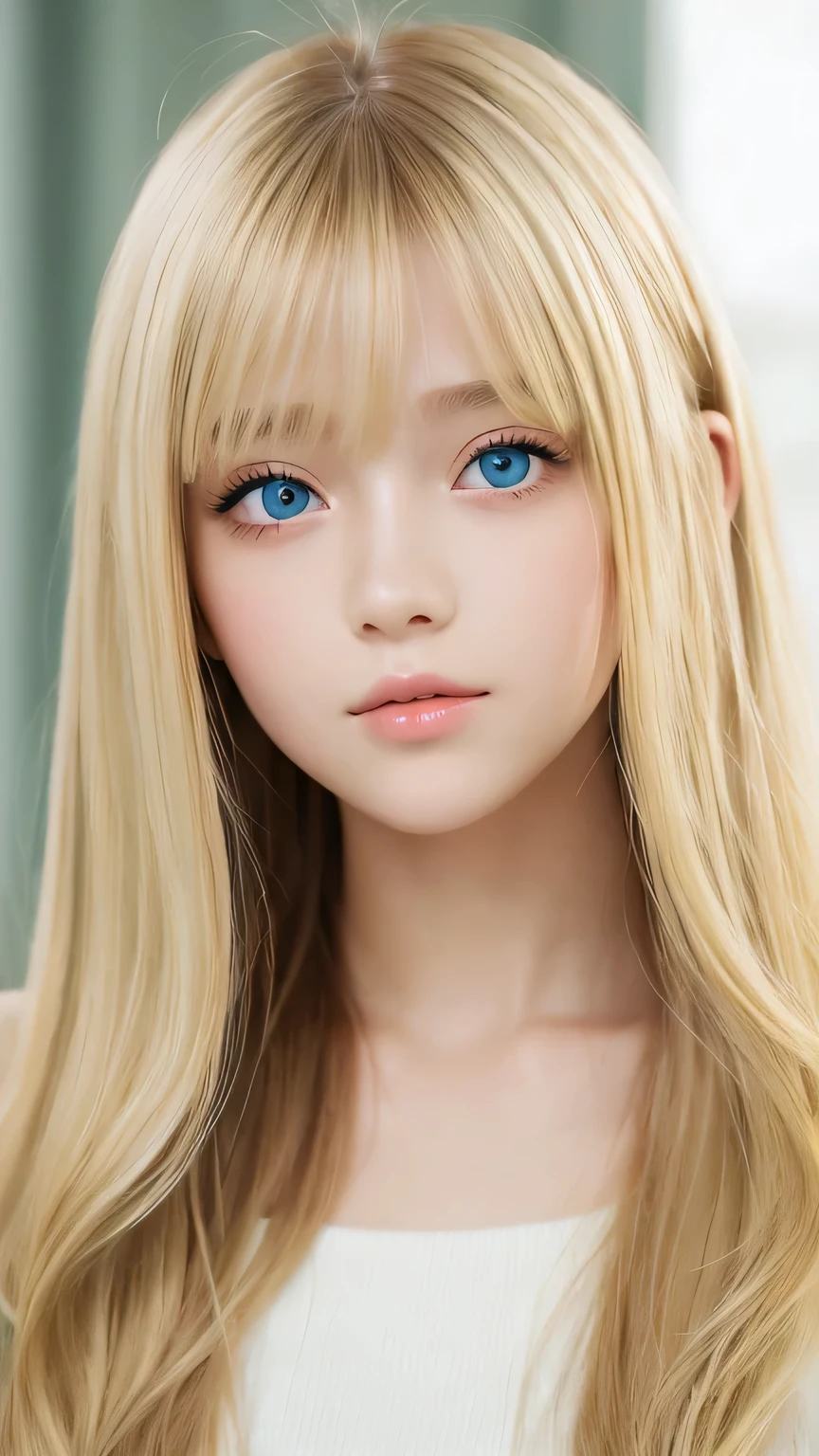 clear shiny skin、13 years old cute sexy little beautiful face、very large and beautiful bright pale sky blue eyes、Very big eyes、Straight long hair that shines in the light、Long, silky bangs that cover her cute eyes、Sexy face hiding hair、Too long hair、sexy cute young beautiful girl、Super long natural young blonde hair with sparkling light highlights Blonde hair above the eyes Blonde hair above one eye、Blonde hair between the eyes、Cheek gloss highlighter