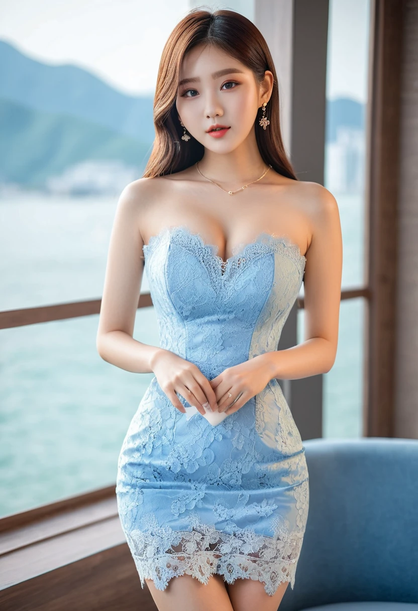 (best high quality:1.5), work of art, (8k), extremely detailed, (High details:1.4), Solo, ((HotLexi)), Korean Ulzzang girl with 24 years old, (tight short sexy lace dress strapless), (pretty perfect model square defined face:1.4), ((hottie busty with perfect hourglass-shaped model body)), BREAK,