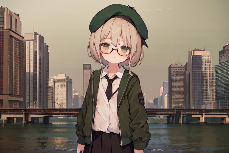 (highest quality,masterpiece:1.3),((1 cute girl:1.2)),(10 years old:1.2),expressive 目s, Perfect Face,Brown eyes,dark green beret,White hair,long ahoge,Round Glasses Black,retro city background,Brown tie,brown skirt,Dark green jacket,Low Perspective,Wet shirt,amount, open amount