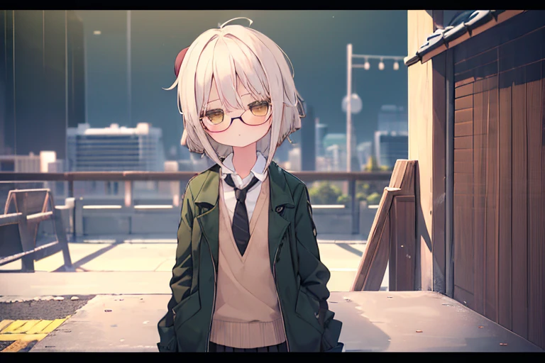 (highest quality,masterpiece:1.3),((1 cute girl:1.2)),(10 years old:1.2),expressive 目s, Perfect Face,Brown eyes,dark green beret,White hair,long ahoge,Round Glasses Black,retro city background,Brown tie,brown skirt,Dark green jacket,Low Perspective,Wet shirt,amount, open amount