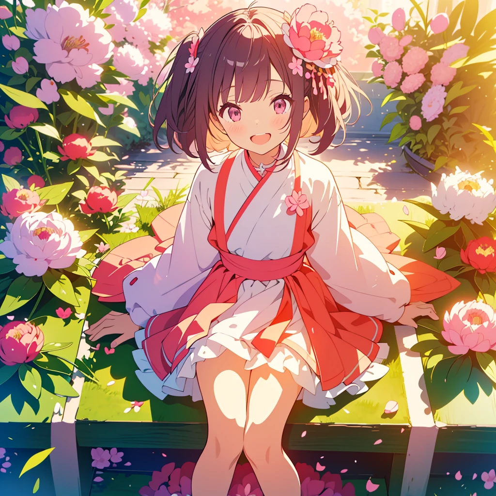 kawaii, anime, Cute, hyper quality, highly detailed, 8k, Clarity, A young girl with bright pink smooth short hair and vermilion eyes., (When I stand up, it's a peony; when I sit, it's a peony; when I walk, it's a lily), peony flower, peony flower, lily flower, The background is only a close-up of flowers, full of energy, surrounded by flowers, big flowers in the background, 3 types of flowers, highlight on eyes, Detailed facial expressions, jump around, smile with open mouth, Peony flowers on the left side of the background, Peony flowers on the right side of the background, Lily flowers in front of the screen, Expanding perspective, Uplifting, Childish, Innocent, clear sky, sparkle of light, glowing particles, bright, jumping up and down, Tomboy, Lively, 