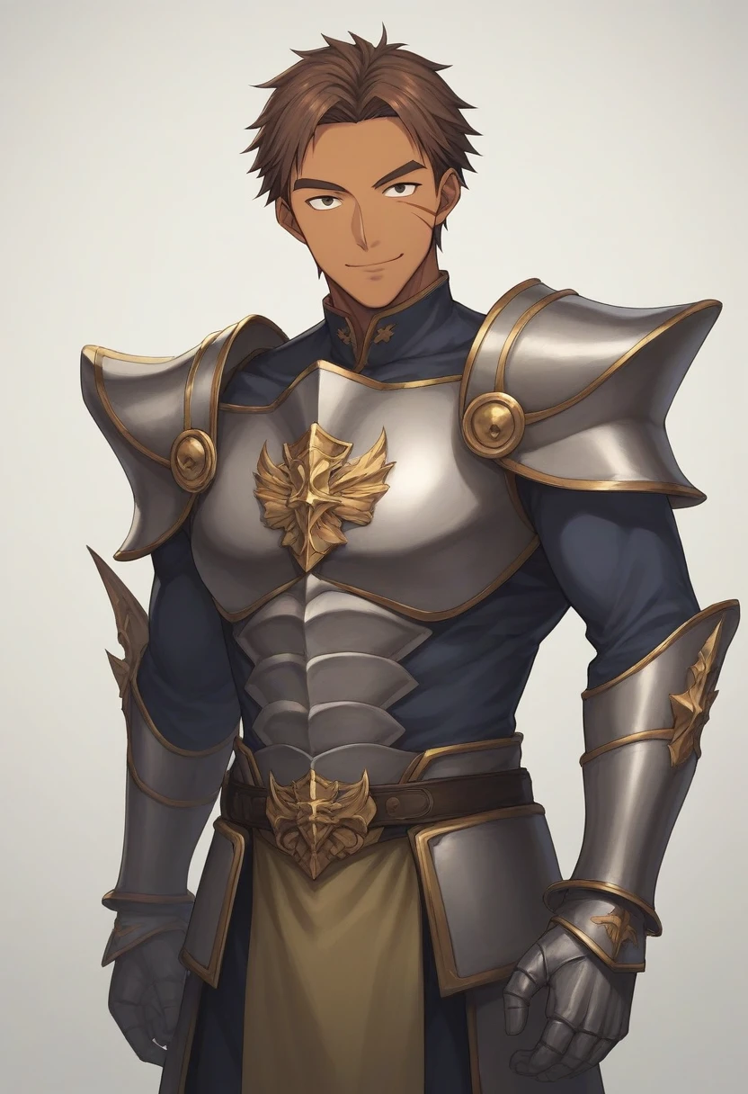 1father, veteran knight, muscular mature, parted bangs, 40yo, brown hair, evergreen eyes, thick brown eyebrow, sanpaku, tanned skin, small eyes, short hair male, facial wrinkles, ideal ratio body proportions, ordinaly, BREAK solo, red full plate armor, soft smile, upperlegs focus, 1980s, visual novel, in old jrpg style, in hokuto no ken style, in capcom art style, extreme all detailed, masterpiece, best quality, BREAK score_9, score_8_up, score_7_up, score_6_up, score_5_up, score_4_up, source_anime