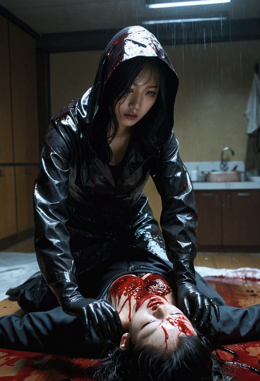 korean girl, (behind corpse), holding knife, stabbing, black gloves, woman on top, room full of blood, transparent raincoat, hood up, holding knife, black gloves, behind corpse, blood splatter, black wet suit, night, mass murderer, robbery, dark atmosphere, cinematic lighting, atmospheric realistic,
