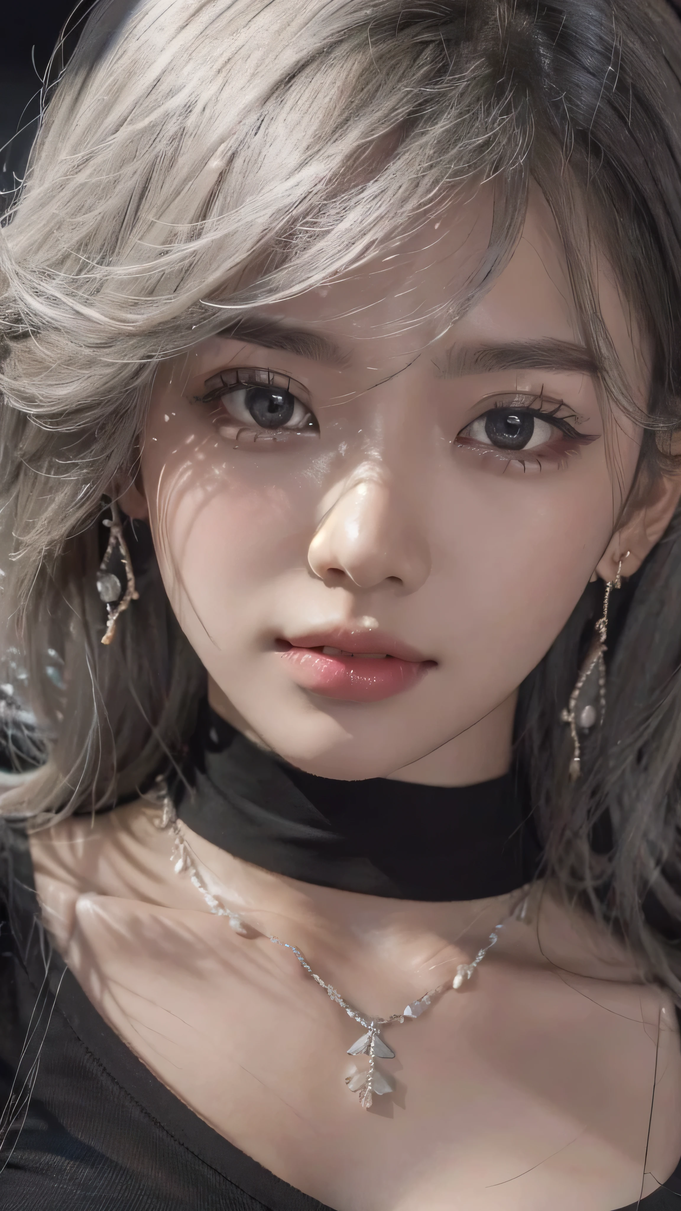 real, RAW photo, extremely delicate and beautiful, masterpiece, Best Quality, ultra high resolution, 32k, hyperrealistic, ultra-detailed, in her 20s, delicate facial features, tearful mole, earring, big breasts, closeup shot, shorter middle hair, black hair, short pencil skirt, black shirt, collared dress shirt, sleeveless, topless, best quality, ultra high res, (photorealistic:1.4), pretty girl, tanktop black shirt, black tight skirt, black choker, (faded ash gray hair:1), medium breasts, looking at viewer, closeup, (pretty face) , southeast asia girl, (RAW photo, best quality,high quality,highres), (realistic, photo-realistic), ultra-detailed,(front lighting) 