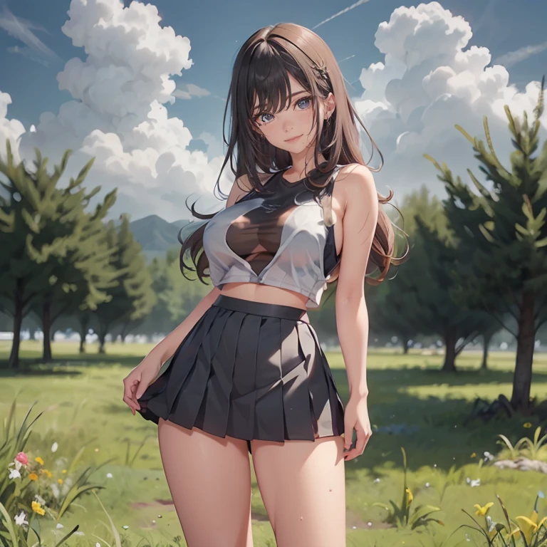 ((((highest quality)))), (((Ultra-precision CG 16K))), (((masterpiece))), (((Very detailed))), (((Extremely detailed))), (((Black outline:1.3, Written boundary depth:1.3 , Written soft outline))), Maximum clarity and sharpness,Multilayer Texture, Surface Shading, Cinematic lighting, Beautiful details sparkle ,Perfect Proportions, Limited to three woman, BREAK accurate, Anatomically correct, Highly detailed face and skin texture, drawn in detail, Highly detailed facial and skin texture, Detailed eyes, beautiful hair, Beautiful Japanese Idol face, Beautiful and beautiful eyes, Beautiful body, Beautiful breasts, Beautiful thighs, Beautiful legs, Beautiful fingers, (Beautiful views) , skinny body, ((Beautiful Skin)), ((Skin Texture)) BREAK breast enlarged, medium Breasts, rocket breasts, (((perky breasts))), (covered nipples), slender waist, (smiling , narrow eyes, blush, determined expression, hot, sweaty , Heavy breathing,) BREAK (((wearing oversized character printed sexy tank top, wearing outfit in casual way, wearing pleats mini-skirt, breasts is covered by outfit))) , wearing earrings, BREAK ( stick breast out),(((looking at viewer, super detailed background , cumulonimbus of summer sky, high school student standing quietly and put hands in the pocket at vivid green Vast grasslands , from random angles ))),