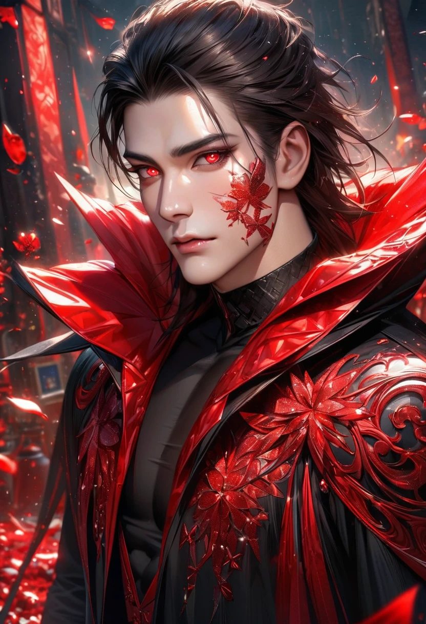 Ultra detailed, Highres, absurdres, HDR, master piece,i, black hair, expressive red eyes, black long coat with patterns, red ice flowers, petals, extremely handsome, sexy man, solo, extremely detailed eyes and face, red ice, red ice glittering butterflies, black tight t-shirt, realistic face, glittering, glittering eyes,