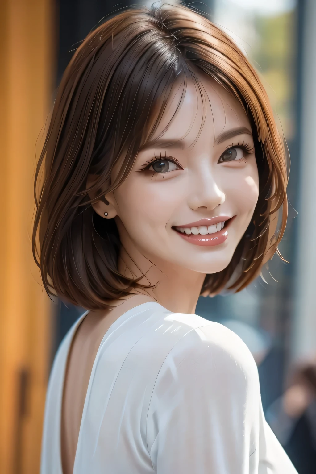 ((masterpiece)), ((Highest quality)), ((Complex)), ((Surreal)), (Realistic), (Mature Woman), ((There are no classes)), Very detailed, (1 female), Beautiful and exquisite, (Beautiful Teeth), Grin, Brunette bob hair, Brown eyes, ((blouse)), (Upper Body), (background:none), Perfect Eyes, Captivating eyes, Looking at the audience