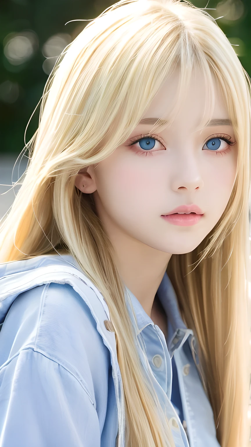 clear shiny skin、 cute sexy little beautiful face、very large and beautiful bright pale sky blue eyes、Very big eyes、Straight long hair that shines in the light、Long, silky bangs that cover her cute eyes、Sexy face hiding hair、Too long hair、sexy cute young beautiful girl、Super long natural young blonde hair with sparkling light highlights Blonde hair above the eyes Blonde hair above one eye、Blonde hair between the eyes、Cheek gloss highlighter