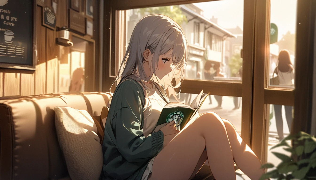 Girl sitting on sofa reading a book,In front of a large window,Morning sunlight,Streetscape、listen to music、Please scale the image referring to the following: Location：Cafe window location details：A wooden cafe(image：Starbucks)、Several people are briefly visible(A little blurry)、Sunny and bright atmosphere、 Girl posing：Profile looking out the window、Girl&#39;s outfit holding one coffee in each hand：White long sleeve T-shirt、The hands are slightly hidden by the sleeves