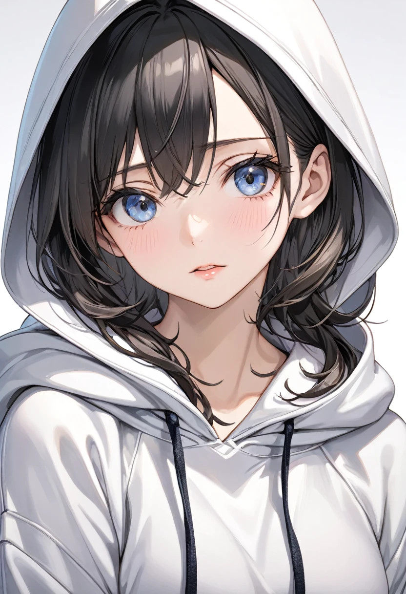 masterpiece, High resolution, perfect face, Japan beauties, 30 years old, beautiful face, white simple background, hoodie, embarrassed look, look at the camera, (top quality eyes), detailed texture, Look at me, Married woman, cool women, ((high resolution eyes))