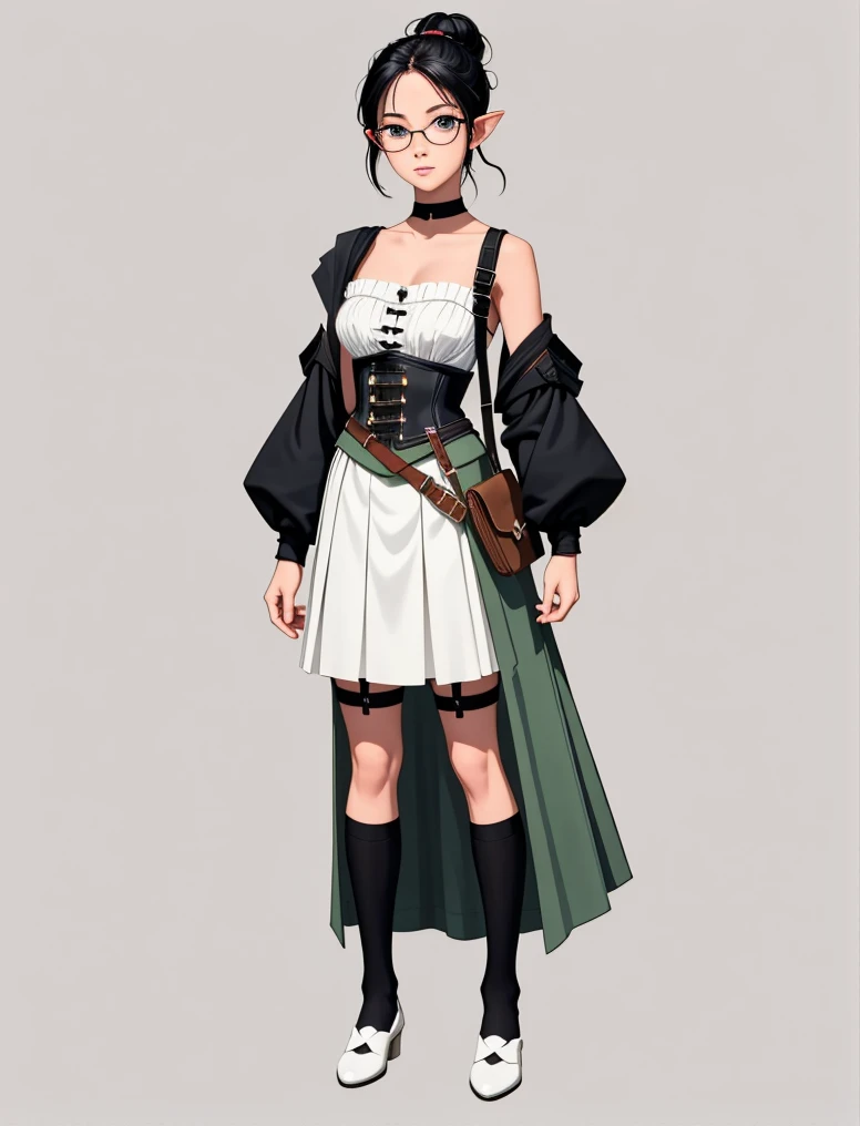 best quality, highres,((masterpiece)), (((best quality))), ((positive)), elf woman, eyeglasses, black hair tied in a bun, bow, lace, strapless white jumper with tank top underneath, colourful long skirt, long skirt, school bag, pouch on the waist, harness, tool belt, tools, armour, elf, corset, Japanese anime, gaming characters, medieval
