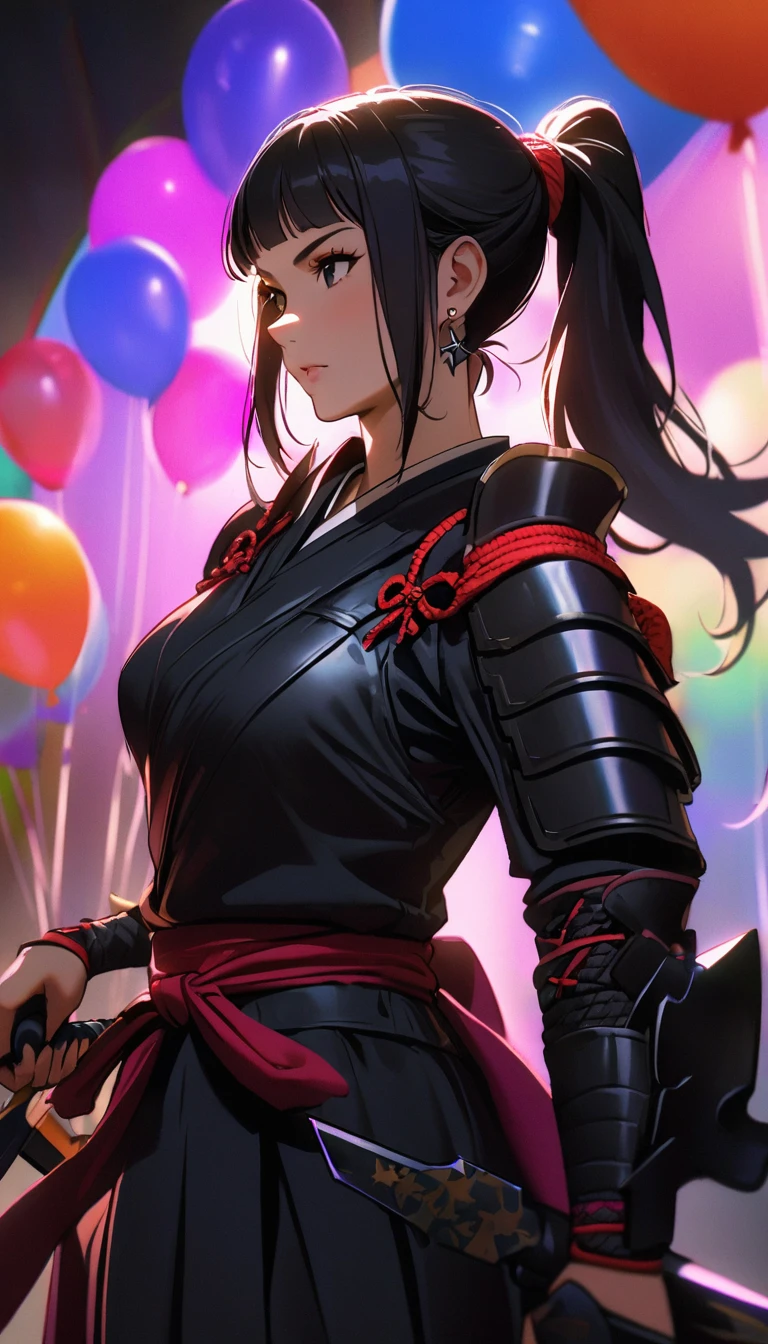 1woman,matured, perfect body,straight jet black hair with long pony tail and short bangs,black eyes ,ninja kunoichi,shuriken earrings,stoic, standing ,carries a ninja blade,bright colourful background with balloons, wearing a black school skirt,samurai armour on her right shoulder, cinematic lighting,