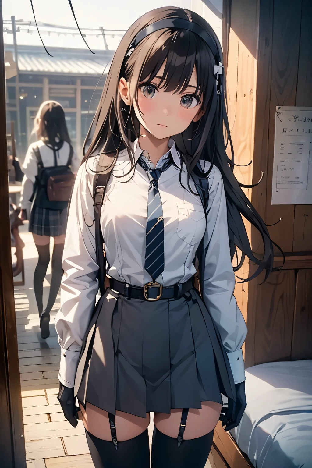 1 female, , high quality, masterpiece, Ultra-high resolution, , Cinema Lighting, , , And the suspenders with the cranes flying　　　Moderate breasts　 　 　　　　Large Breasts　 　 　　　　Small face　 　　　holster　　　　　　　 Lying in bed　Looking up　　　　Sweat 　　　belt　summer　脇Sweat 　Black Hole Gloves　suit　　　　 　garterbelt　Leg Links　ズボンにbelt　　holster　 　　Hands behind your back　 Anxious expression　Looking up　Anxious face　Knee-high　Knee socks　Knee-highソックス garterbelt　garter　ふとももにgarterbelt　Checkered mini skirt　Necktie Headband　ribbon