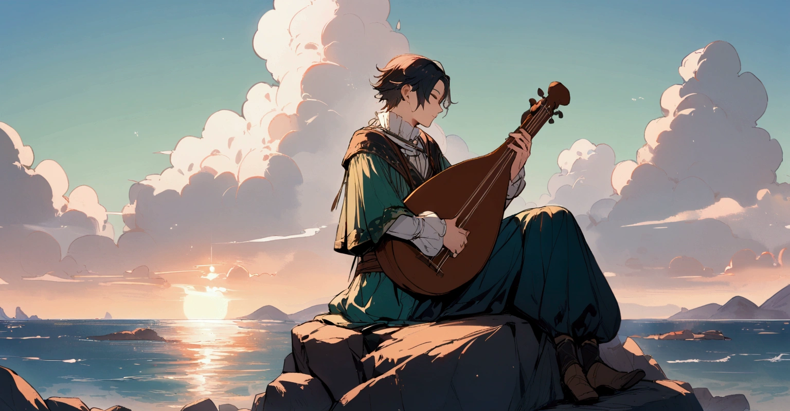one men, holding a lute, bard, sitting on a rock overlooking the horizon