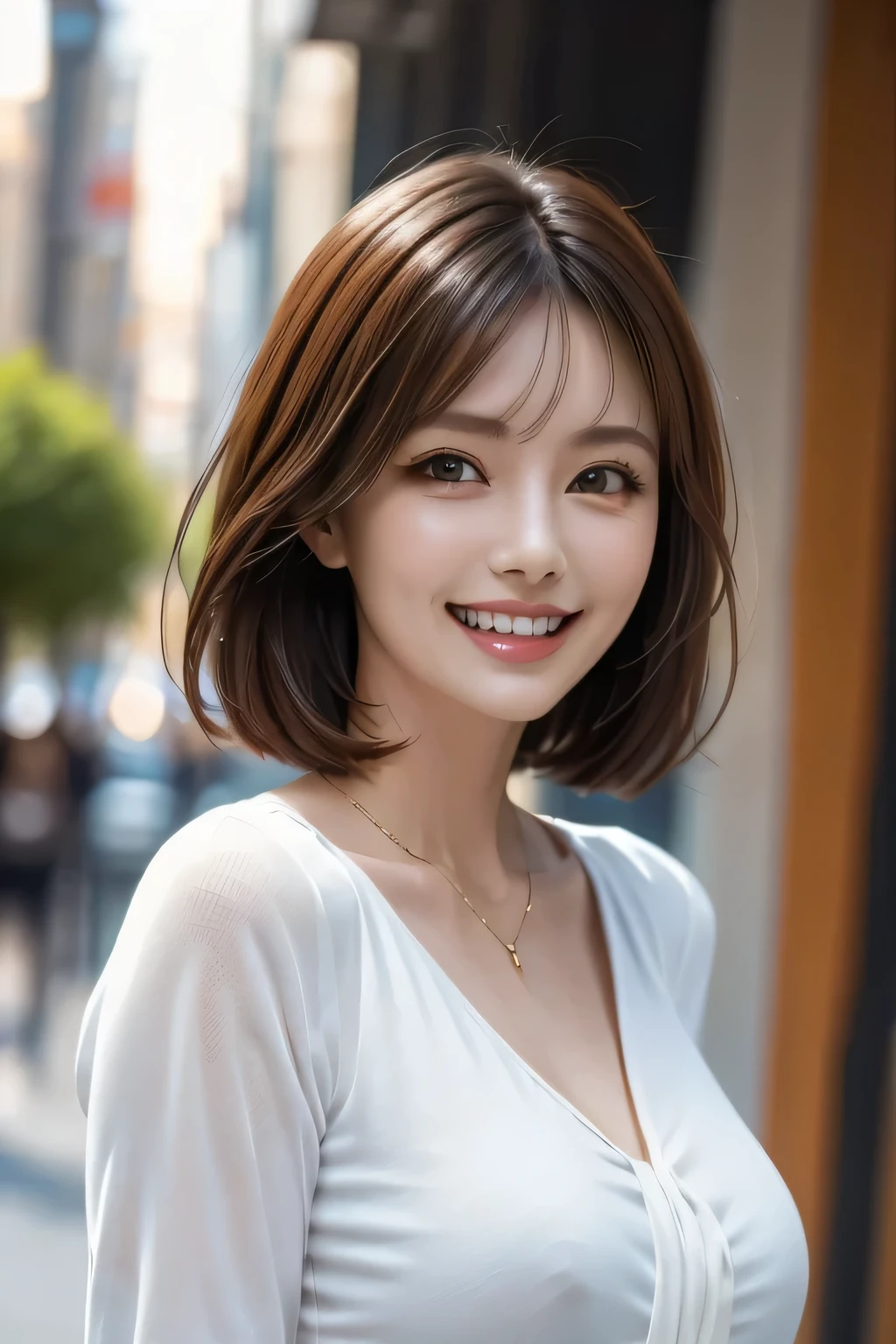 ((masterpiece)), ((Highest quality)), ((Complex)), ((Surreal)), (Realistic), (Mature Woman), ((There are no classes)), Very detailed, (1 female), Beautiful and exquisite, (Beautiful Teeth), Grin, Brunette bob hair, Brown eyes, ((blouse)), (Upper Body), (background:none), Perfect Eyes, Captivating eyes, Looking at the audience