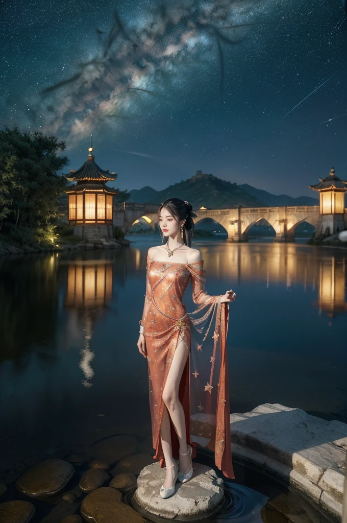 (((best quality))),(((ultra detailed))),(((masterpiece))),illustration,((1 beautiful girl,solo)),(shoulder length straight hair:1.2),((earrings,necklace)),((slim,thin)),((small breasts,flat chest)),(gorgeous sheer red Chinese dress:1.3),(slender legs:1.2),(loafers:1.2),(standing:1.3),(on the stone arch bridge:1.3),((starry sky,the Milky Way,horizon)),elegance, grace, sophisticated updo, delicate hairpins, twinkling stars, radiant smile, bright eyes, wonder, beauty of the night sky, intricate patterns, flowers, birds, vibrant colors, ethereal, enchanting, old bridge, weathered, sturdy, natural surroundings, serene, peaceful atmosphere, rippling water, stars, graceful silhouette, magic, tranquility, twinkling stars, mesmerizing canopy of light, cool air, crisp, faint scent of blooming flowers, contemplation, admiration, ancient China, timeless, rich culture, traditions, captivating, enchanting atmosphere, myth, legend,((from front,full body))