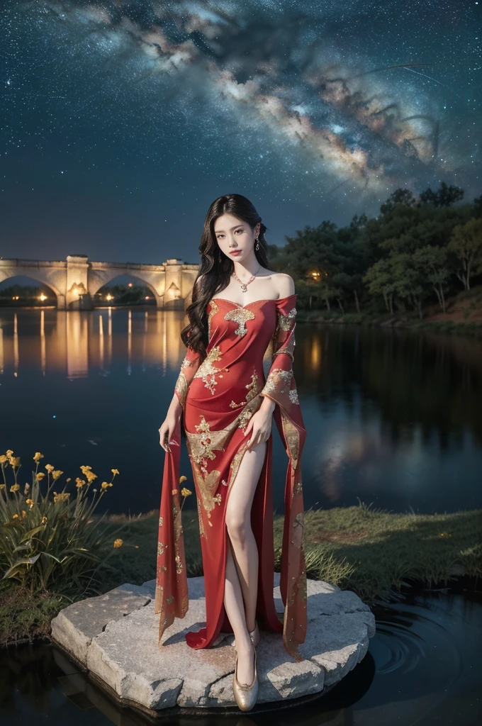 (((best quality))),(((ultra detailed))),(((masterpiece))),illustration,((1 beautiful girl,solo)),(shoulder length straight hair:1.2),((earrings,necklace)),((slim,thin)),((small breasts,flat chest)),(gorgeous sheer red Chinese dress:1.3),(slender legs:1.2),(loafers:1.2),(standing:1.3),(on the stone arch bridge:1.3),((starry sky,the Milky Way,horizon)),elegance, grace, sophisticated updo, delicate hairpins, twinkling stars, radiant smile, bright eyes, wonder, beauty of the night sky, intricate patterns, flowers, birds, vibrant colors, ethereal, enchanting, old bridge, weathered, sturdy, natural surroundings, serene, peaceful atmosphere, rippling water, stars, graceful silhouette, magic, tranquility, twinkling stars, mesmerizing canopy of light, cool air, crisp, faint scent of blooming flowers, contemplation, admiration, ancient China, timeless, rich culture, traditions, captivating, enchanting atmosphere, myth, legend,((from front,full body))