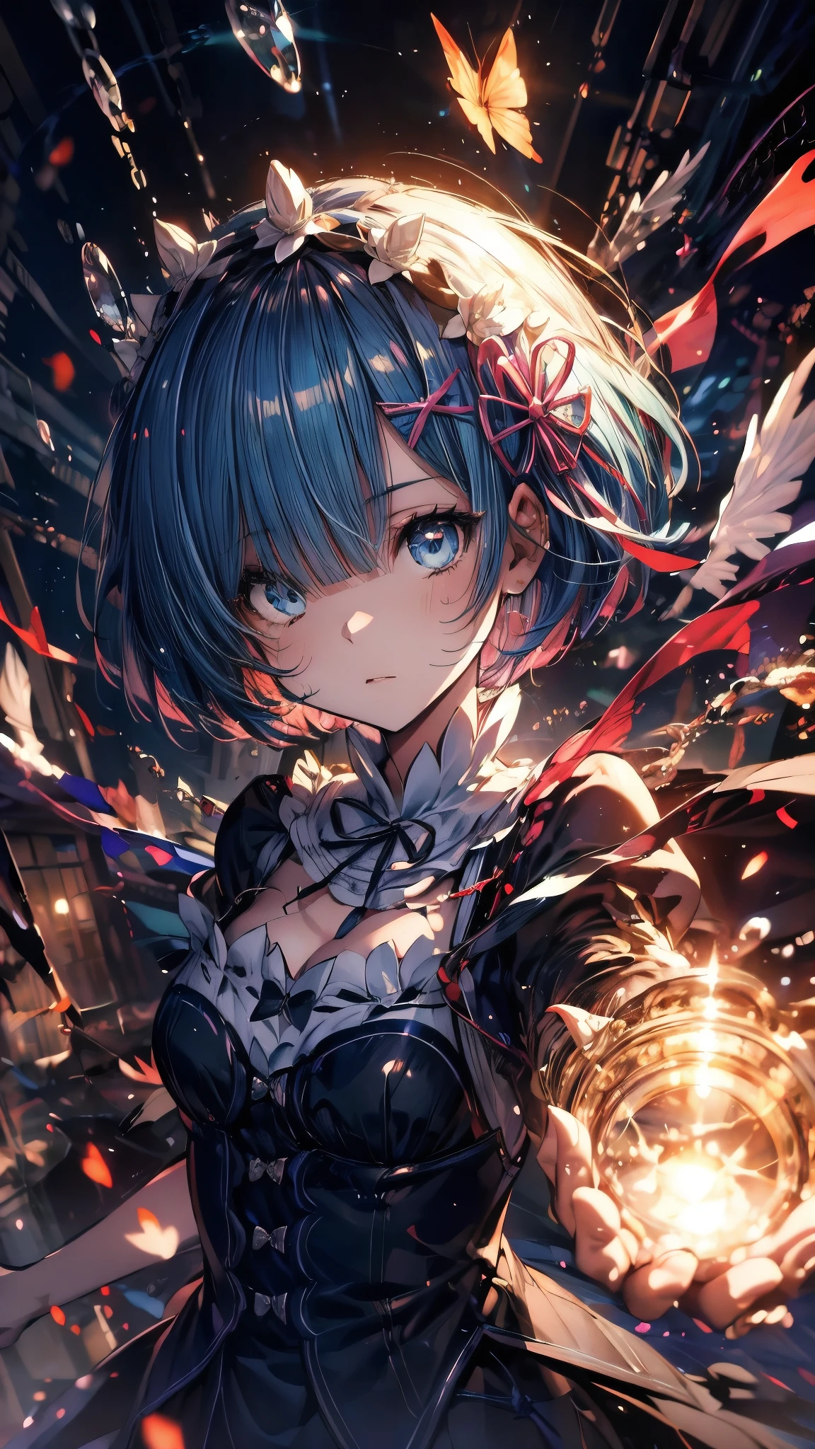 (Highest quality),(masterpiece), 8k,Very detailed, Detailed light, Best Shadow,Detailed reflective eyes, Beautiful Eyes, Very detailedな顔,Shiny Hair,One person,Gloss,semi-long,Blue Hair,Blue Eyes,enchanting,Expressionless,Quiet anger,full moon,hair ornaments,whole body,front,Re:Zero,rem,Rem,fan,darkness,face is dirty for painting,Dynamic Angle,