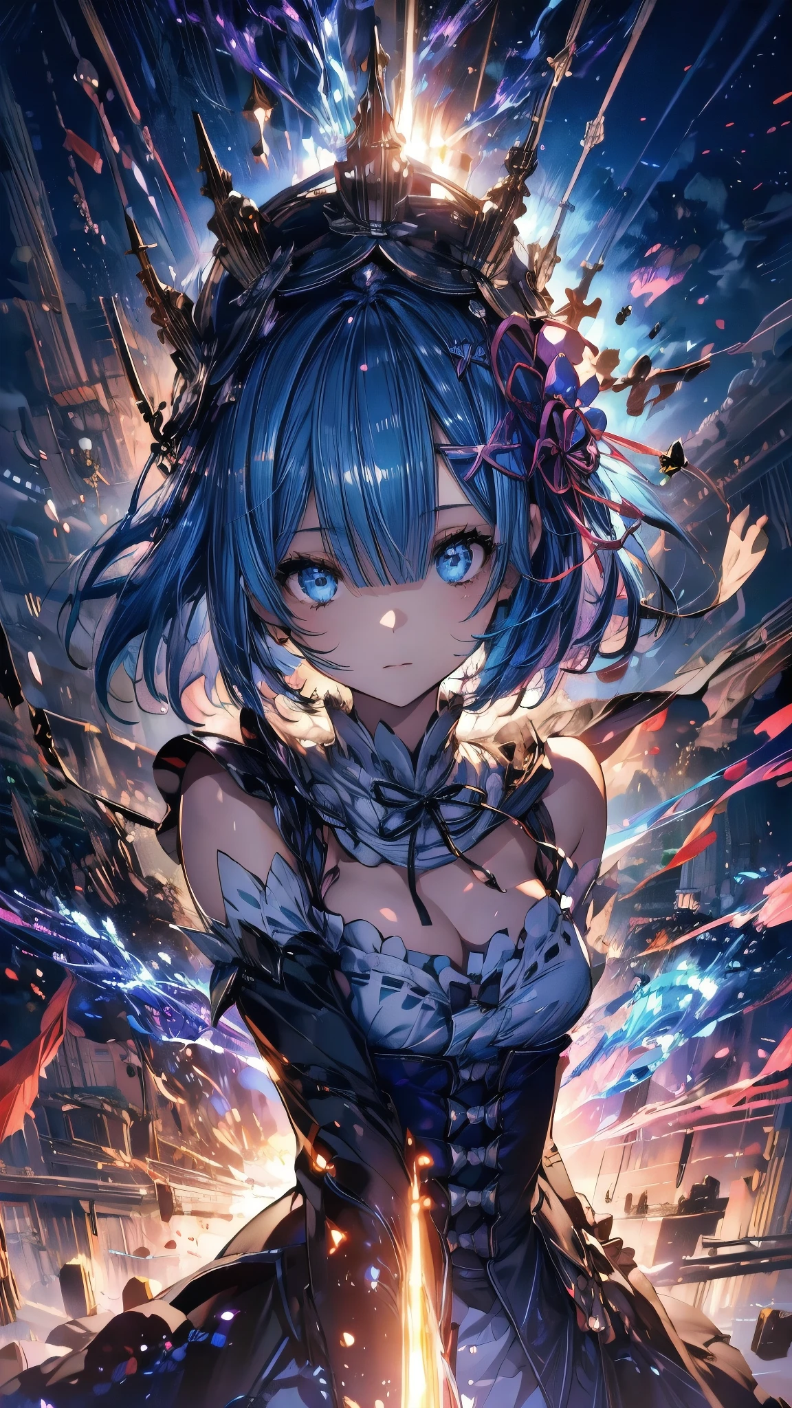 (Highest quality),(masterpiece), 8k,Very detailed, Detailed light, Best Shadow,Detailed reflective eyes, Beautiful Eyes, Very detailedな顔,Shiny Hair,One person,Gloss,semi-long,Blue Hair,Blue Eyes,enchanting,Expressionless,Quiet anger,full moon,hair ornaments,whole body,front,Re:Zero,rem,Rem,fan,darkness,face is dirty for painting,Dynamic Angle,