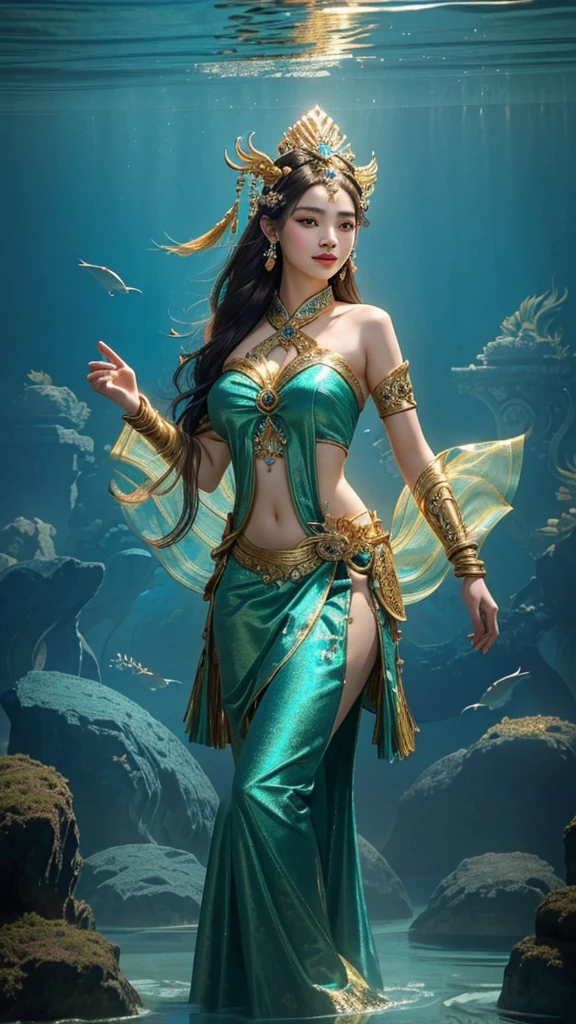 Half body shot of a woman in a costume with a bird on her head, thailand art, queen of the sea mu yanling, asian female water elemental, javanese mythology, nivanh chanthara, submerged temple dance scene, epic 3 d yemaya, sukhothai costume, intricate green and shiny gold costume design, portrait of mermaid warrior, traditional beauty, very realistic, photorealistic, ultra high definition, 16k