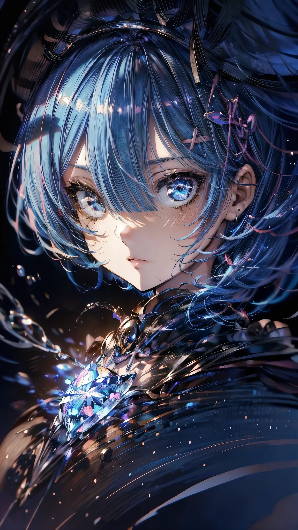 (Highest quality),(masterpiece), 8k,Very detailed, Detailed light, Best Shadow,Detailed reflective eyes, Beautiful Eyes, Very detailedな顔,Shiny Hair,One person,Gloss,semi-long,Blue Hair,Blue Eyes,enchanting,Expressionless,Quiet anger,full moon,hair ornaments,whole body,front,Re:Zero,rem,Rem,fan,darkness,face is dirty for painting,Dynamic Angle,