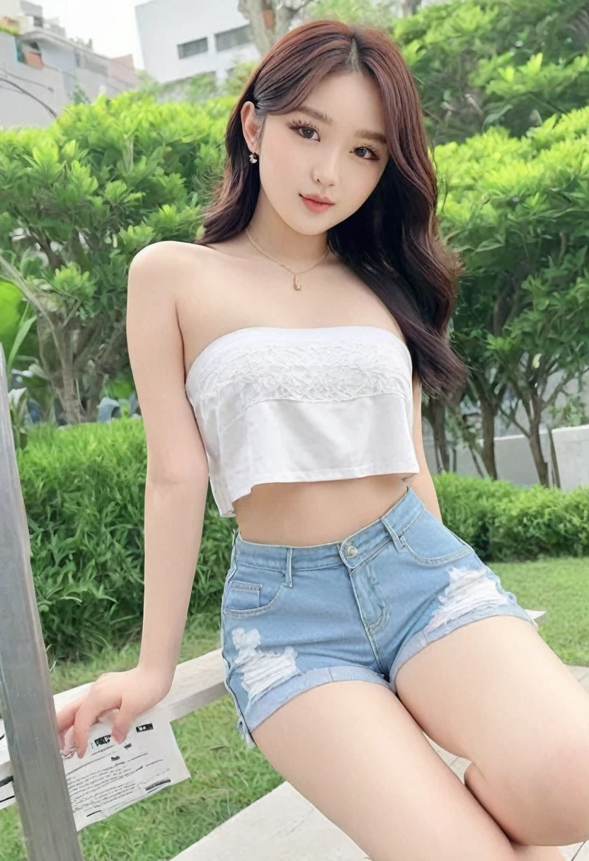 ((high quality:1.2)), work of art, (8k), extremely detailed, ((High detail:1.2)), ((best resolution:1.4)), Solo, 1girl, 24 years old Korean Ulzzang female, ((cropped strapless, mini-shorts)), 