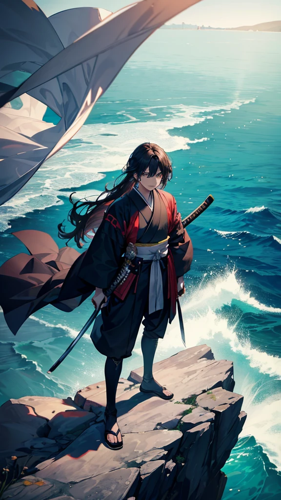 A young samurai hero stands on a cliff overlooking a vast sea, their long hair billowing in the wind and katana sword in hand