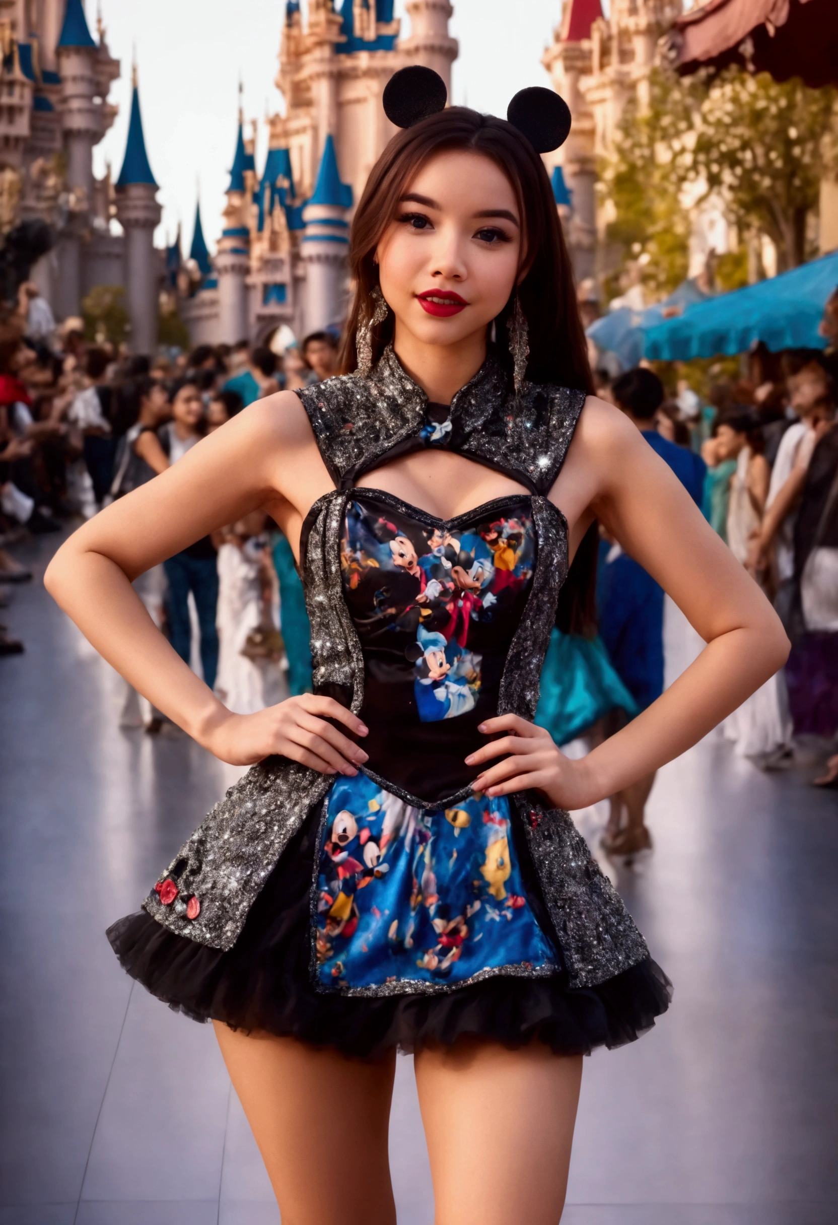 A cute woman (age 25, matching hair, disney character themed sexy outfit) is doing a disney themed fashion show, glamorous poses in the spotlight on the run way, show her full body
