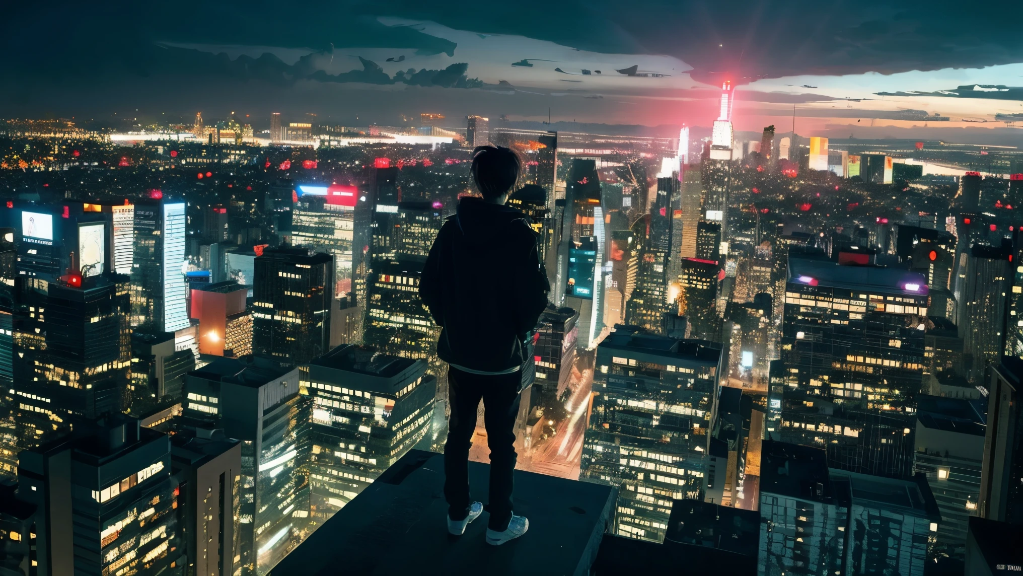 Anime boy standing on a ledge overlooking the night city, HD anime cityscape, By Yuumei, Approaching the city, Tokyo Anime Scene, Distant City of Fire, Explosives, author:Cyril Rolland, Ultra HD Anime Wallpaper, Awesome Wallpapers, Beautiful anime scene, Overlooking the modern city