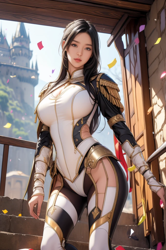 Highest quality, Official Art, masterpiece, Fabric Shading, High resolution, Very detailed, colorful, Best details, Fantasy, Combat Uniform:1.5, 1 female, Age 25, Black Hair, Long Hair, Up Bang Hair, One Length, Standing on the stairs, A castle town with an old castle view, sunny, Random Hair, Large Breasts, skinny, Surrounded by many people:1.9, Confetti falling, Blessed, welcome:1.5, Camel Toe:1.3, Ground level shot:,No stockings,squat, Spread your legs,