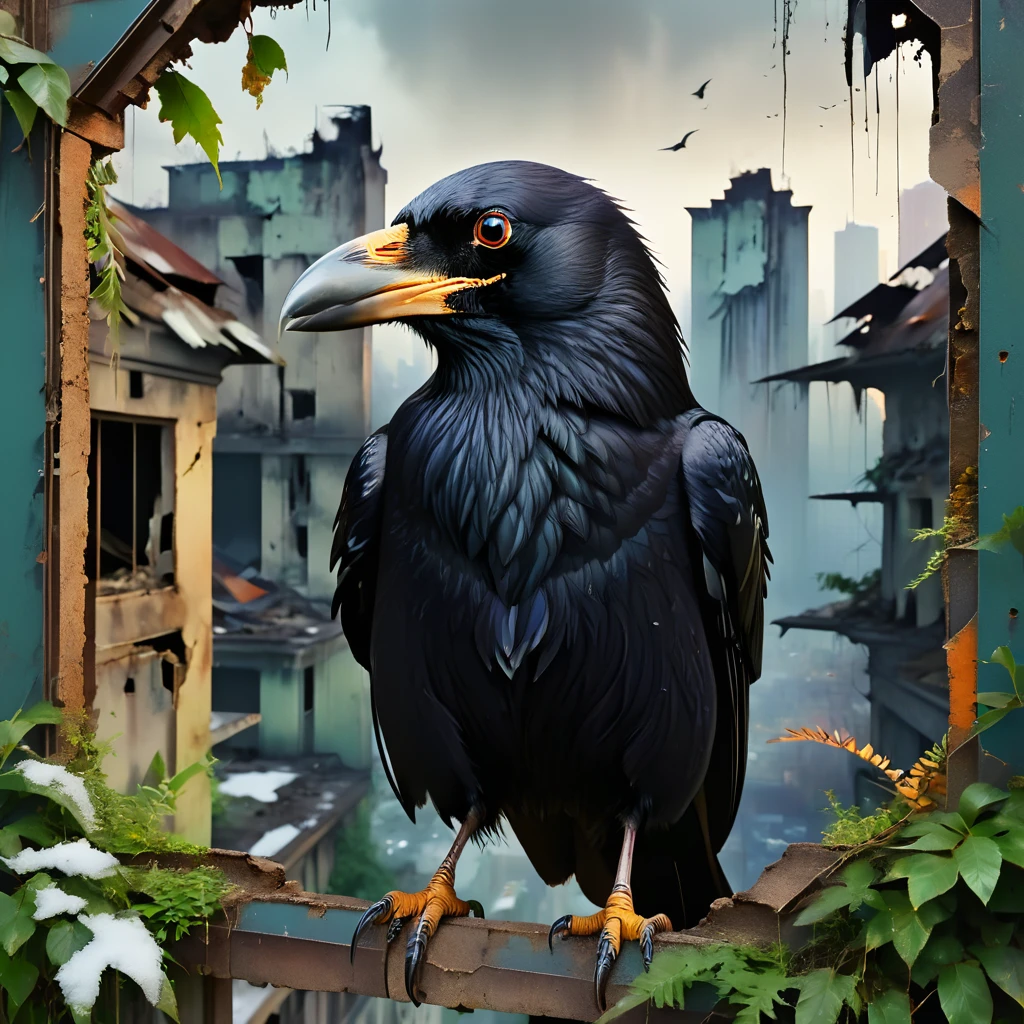 focus on the eye,A three legged crow with golden eyes,standing alone, viewing angle,crow ,flying crow, crying crow, close up, ass pov , ever forward,winter, tenebrosa, twilight,cracked broken walls, old and rusty abandoned buildings, a covered in vegetation , worn and worn frame, detailded,futuristic city environment, Post-apocalyptic