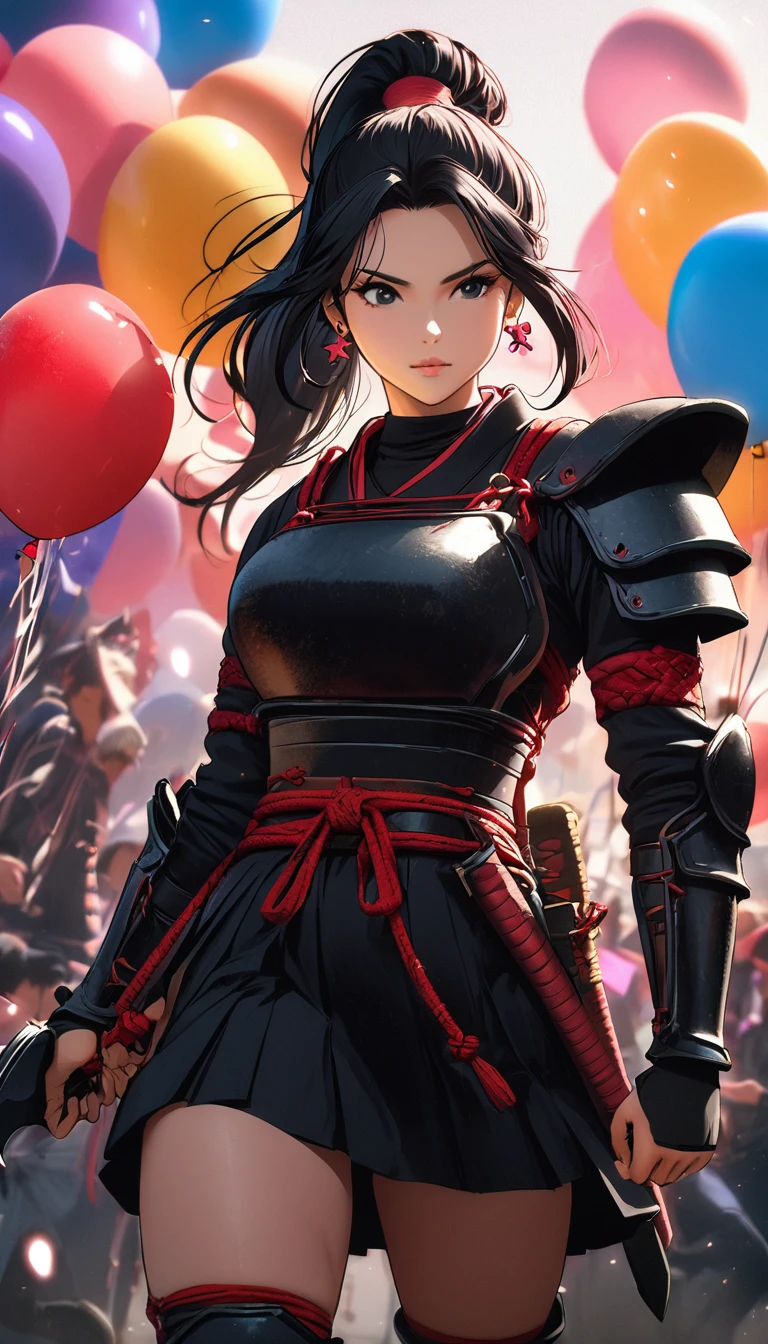 1woman,matured, perfect body,straight jet black hair with long pony tail and short bangs,black eyes ,ninja kunoichi,shuriken earrings,stoic, standing ,carries a ninja blade,bright colourful background with balloons, wearing a black school skirt,samurai armour on her right shoulder, cinematic lighting,