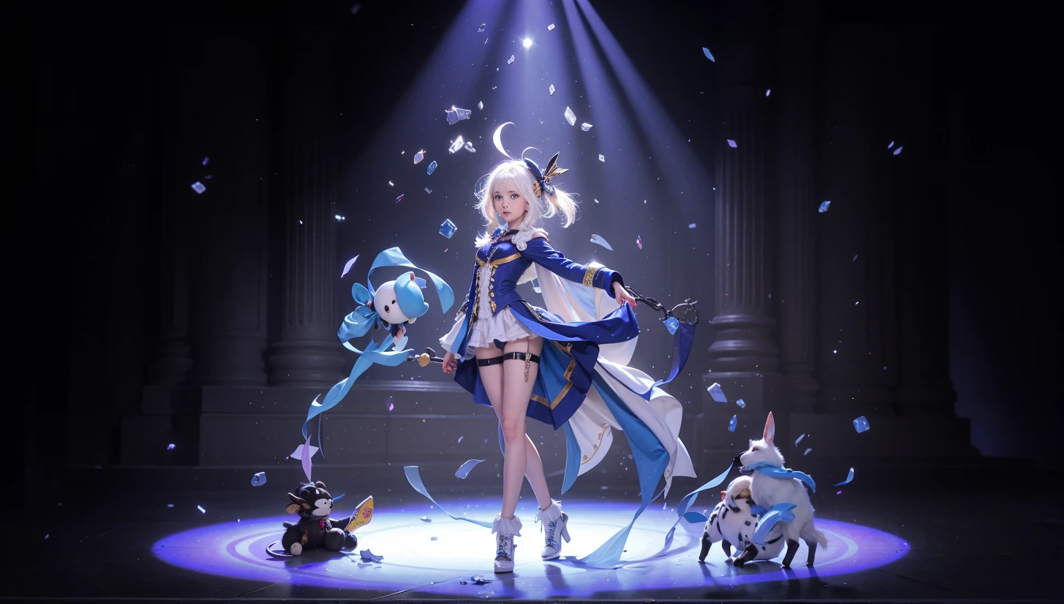 girl with white hair dancing with hyrdo animls